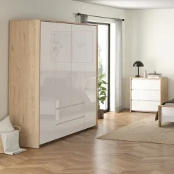 Kledingkast Atlanta Eiken / Hoogglans Wit - 197x202x58 cm