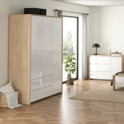Kledingkast Atlanta Eiken / Hoogglans Wit - 149x202x58 cm