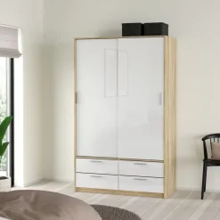 Kledingkast Jasper Eiken / Hoogglans Wit - 121x200x60 cm