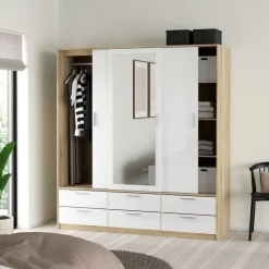 Kledingkast Jasper Eiken / Hoogglans Wit - 182x200x60 cm