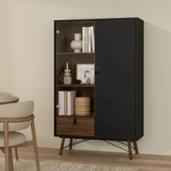 Vitrinekast Denver Zwart / Walnoot - 102x162x40 cm