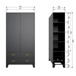 WOOOD Kledingkast Dian Zwart - 94x180x40 cm